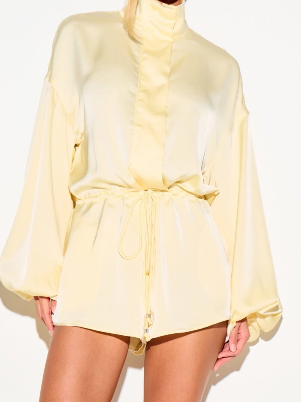 Yellow Casual Women's Mini Funnel Neck Playsuit with Balloon Sleeves